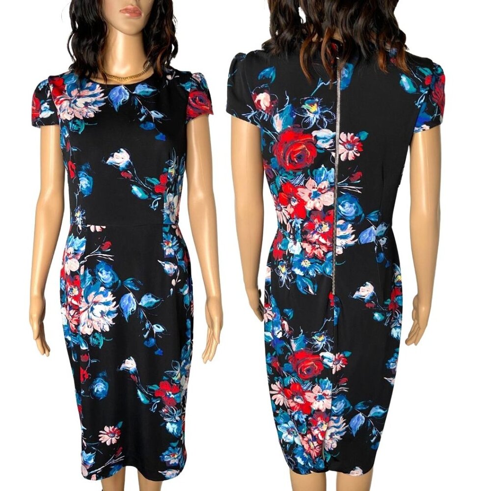 Betsey Johnson Floral Sheath Dress Black Cap Sleeve Midi Size 8